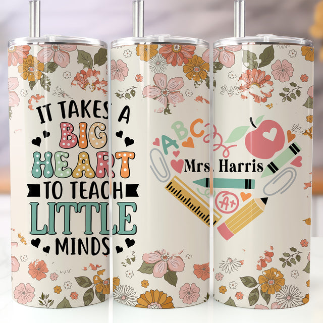 Personalized floral teacher tumbler with name, custom insulated coffee cup for teacher appreciation.