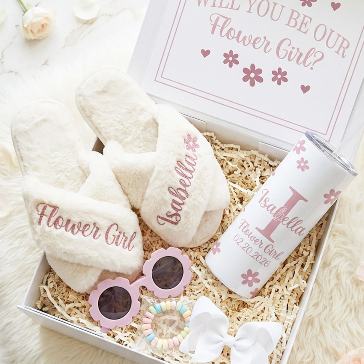 Sweet Pea Flower Girl Proposal Box with Fluffy Slippers & Tumbler - Gifts Are Blue
