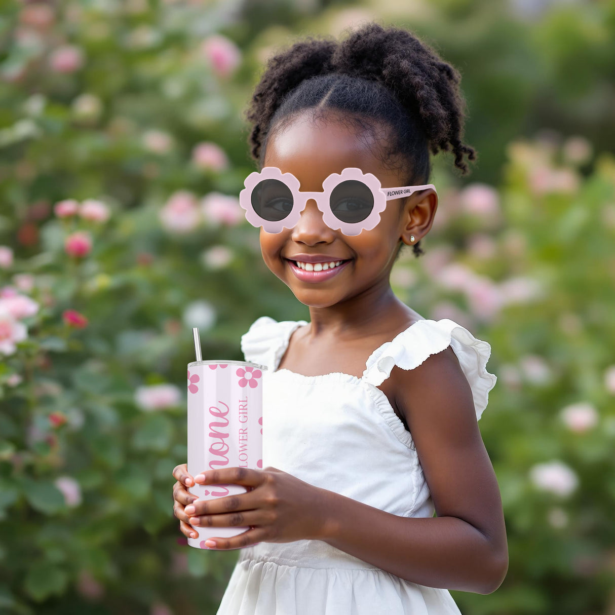 The perfect pink flower girl gift for little girls, with custom name. Sunglasses and tumbler gift for daughter.