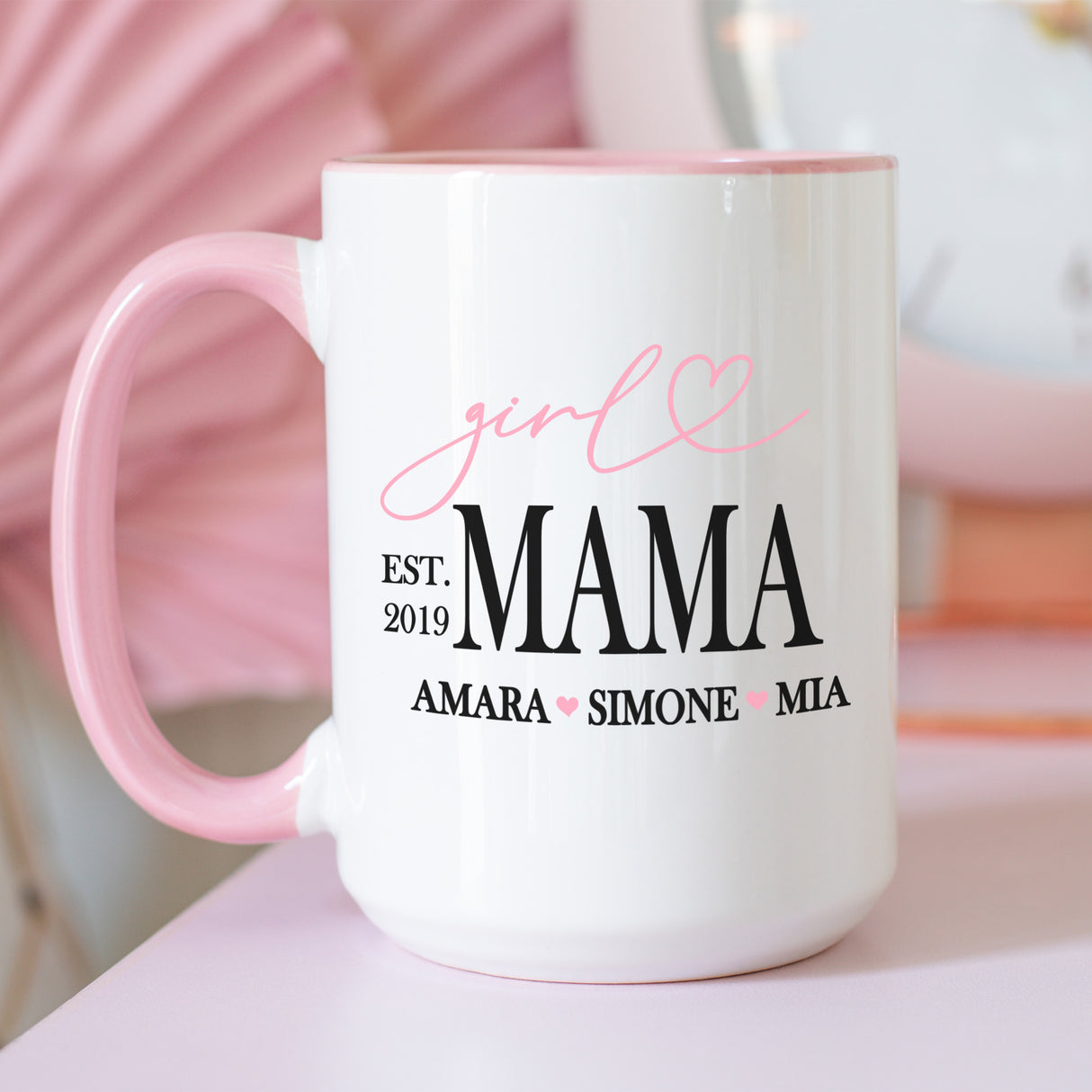 Custom Girl Mama mug with kids names, personalized Mother's Day gift. Personalized mug for mom with children's names, perfect for Mother's Day.