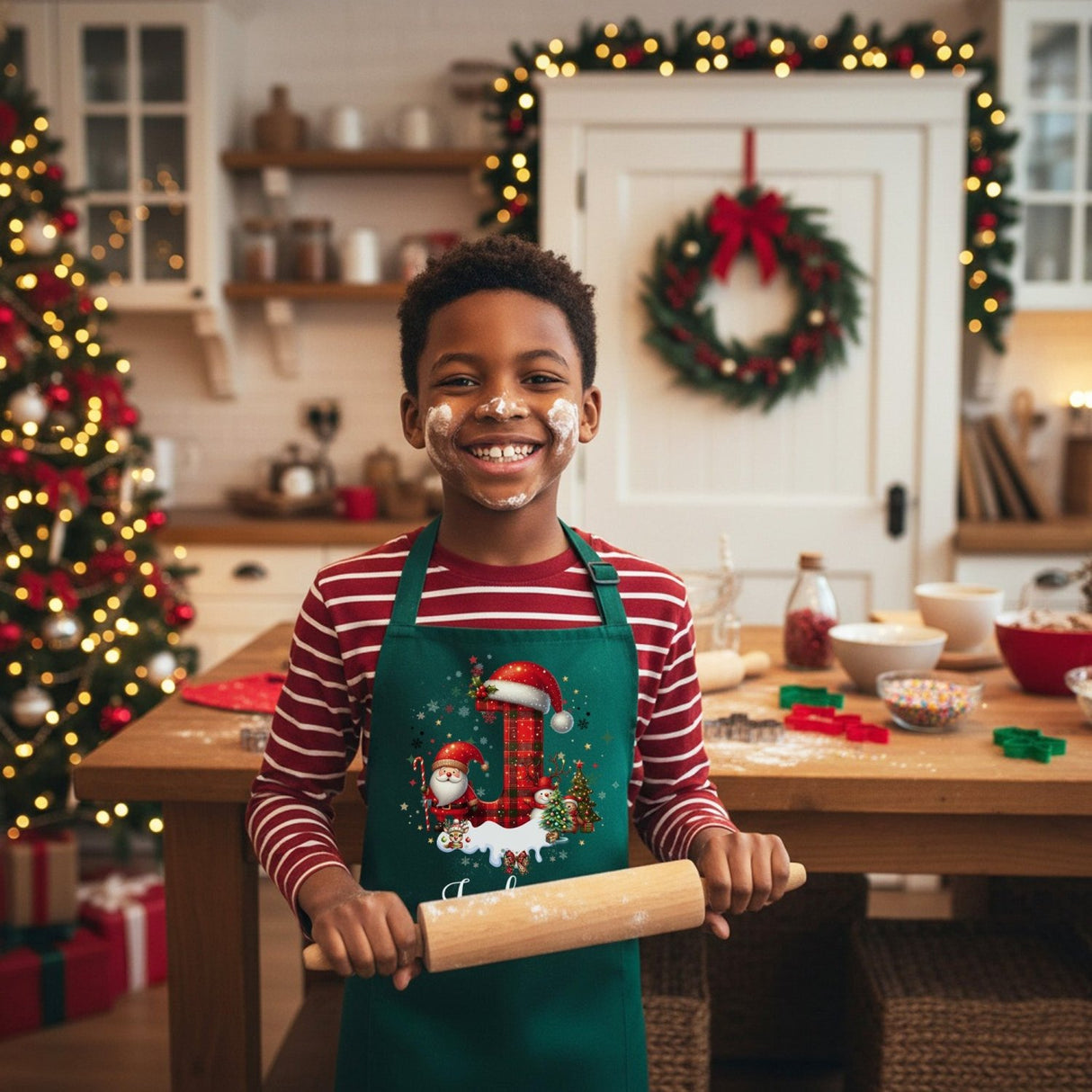 Red and Black Plaid Initial Personalized Matching Christmas Aprons for Adults and Kids - Gifts Are Blue