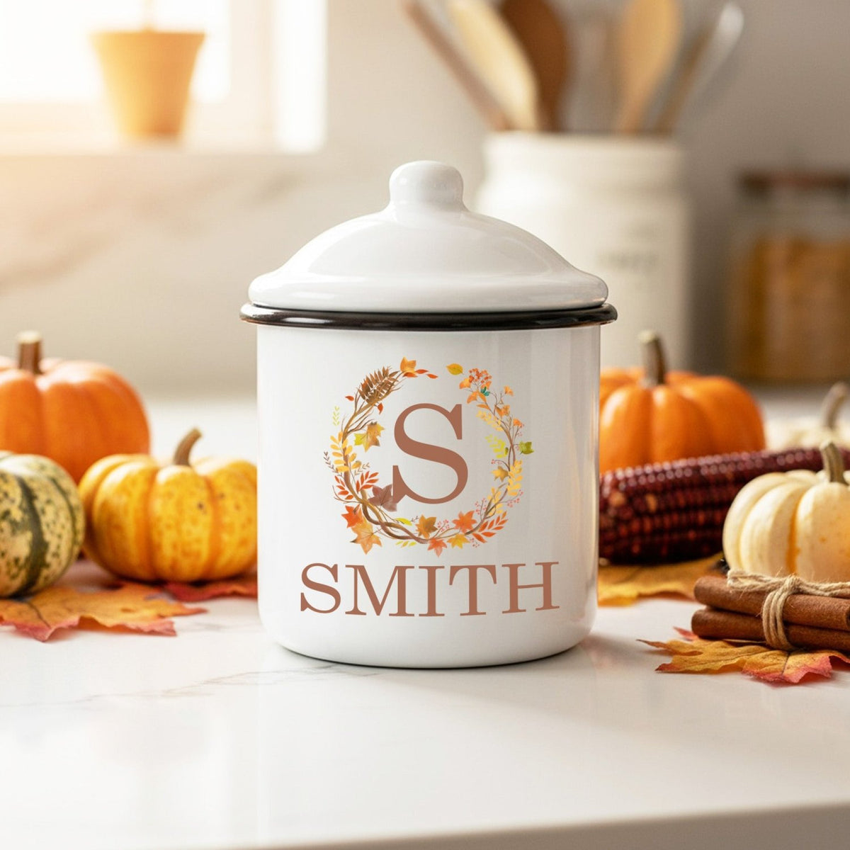 Wreath Initial Name Personalized Canister for Thanksgiving, Autumn and Fall Decor - Gifts Are Blue