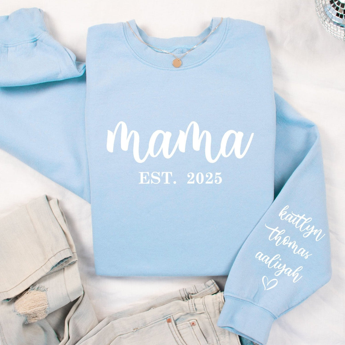 Comfortable Mama sweatshirt customized with her childrens names on the sleeve. Custom sweatshirt for moms birthday gift, or Christmas present.