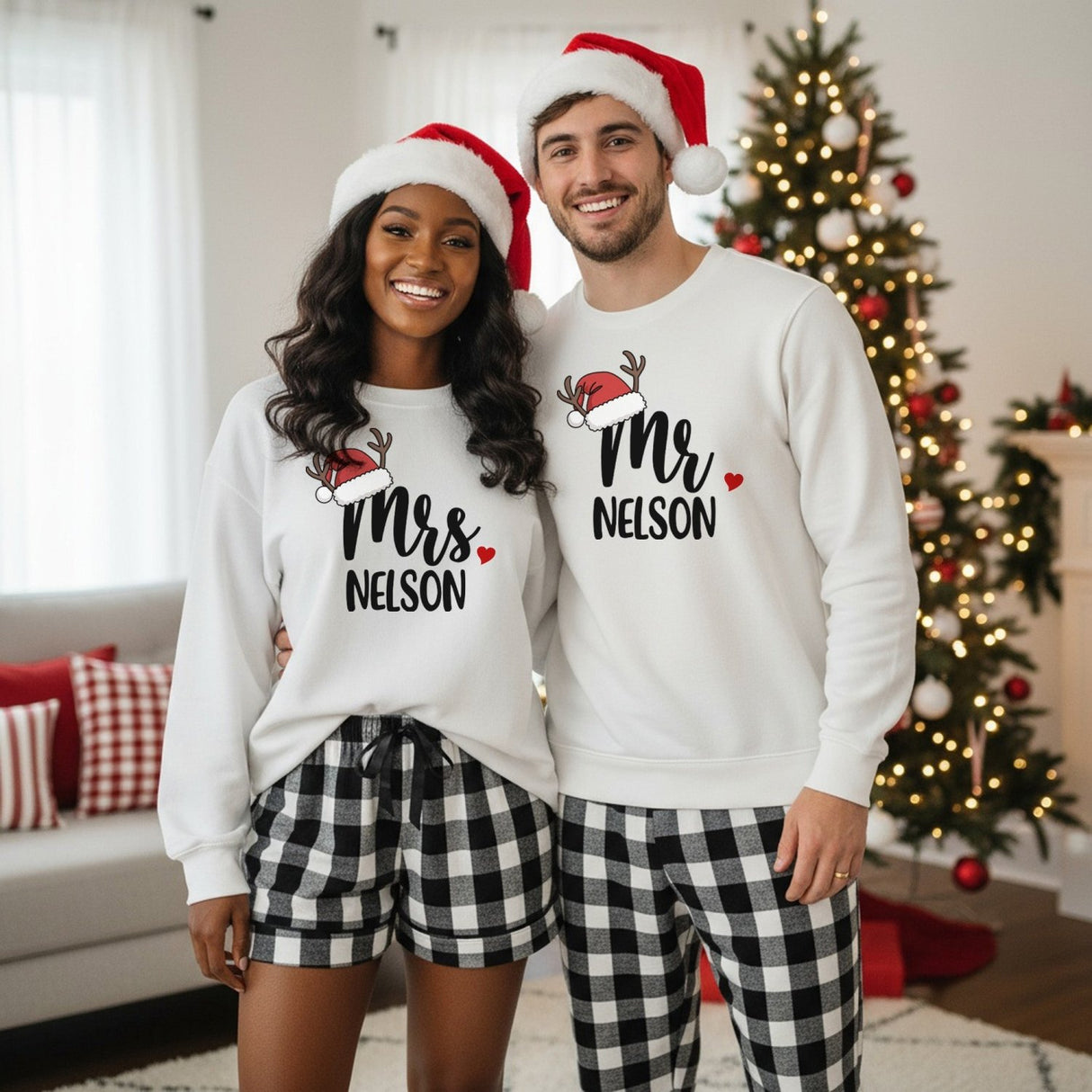 Mr and Mrs Santa Hat Personalized Matching Couples Christmas Pajama Set with Black Plaid Pants - Gifts Are Blue
