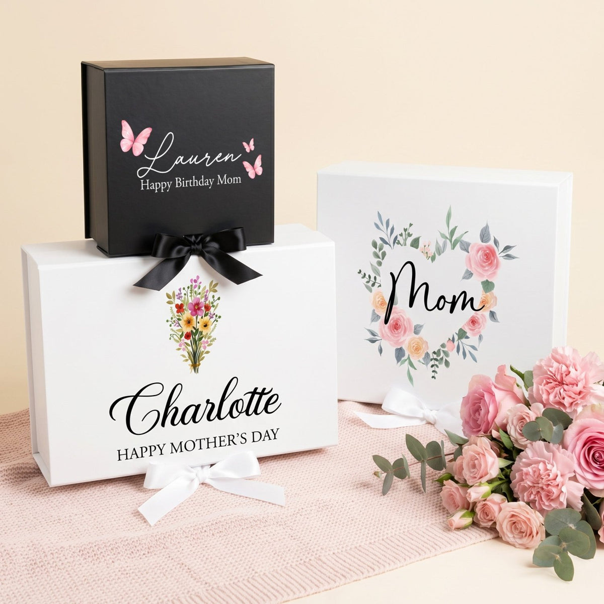 Multi Design Personalized Empty Mom Gift Box w Magnetic Lid, Bow and Crinkle Paper - Gifts Are Blue