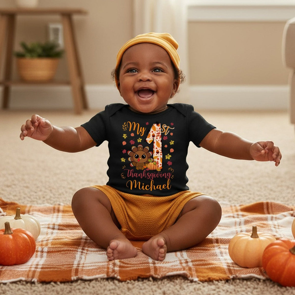 Colorful My First Thanksgiving Onesie Outfit Personalized with Name for Baby Girl and Boy - Gifts Are Blue