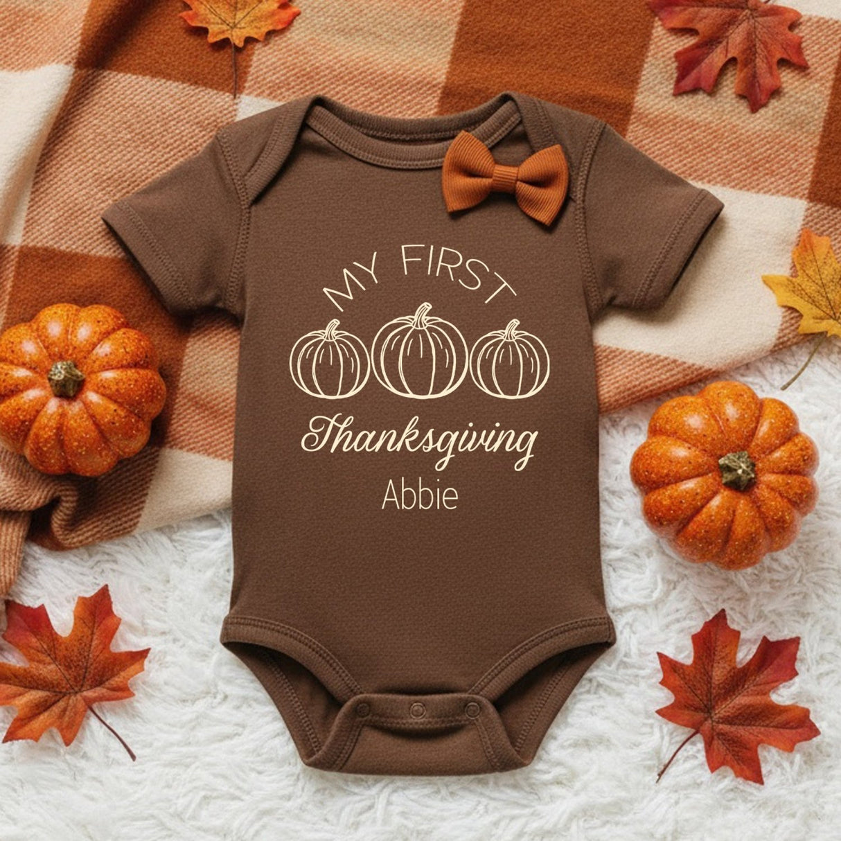 My First Thanksgiving Onesie Outfit Personalized with Name for Baby Girl and Boy - Gifts Are Blue
