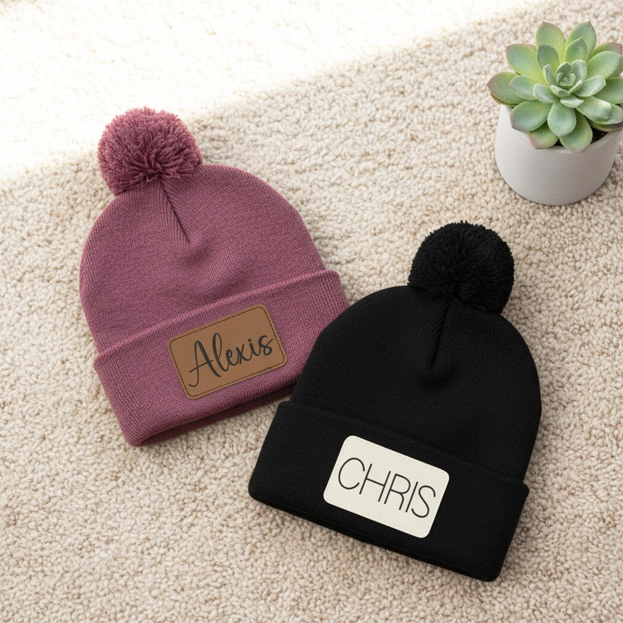 Cuffed Pompom Personalized Beanie w Custom Name or Text - Gifts Are Blue