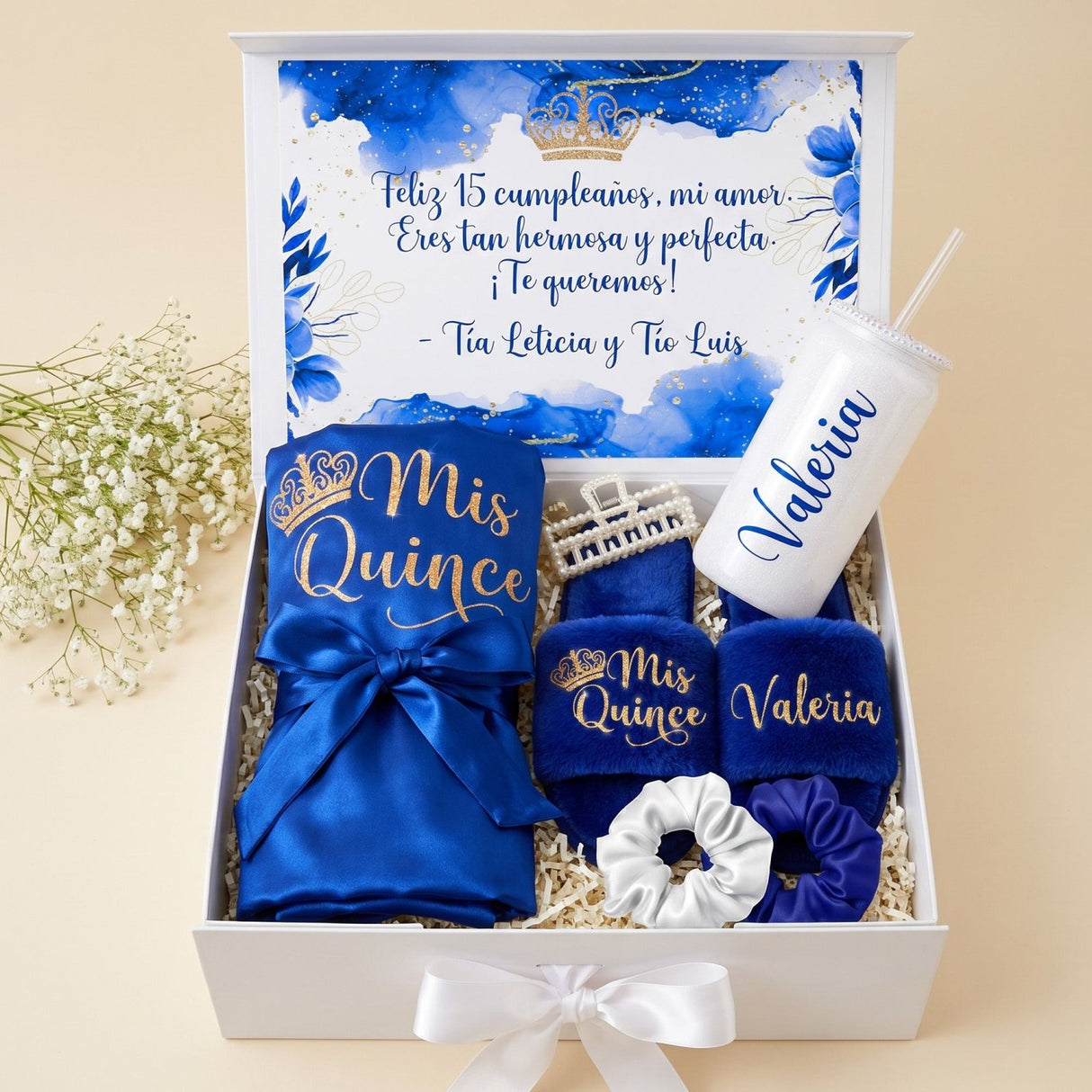 Royal Blue Deluxe Quinceanera Gift Box with Mis Quince Robe & Slippers - Gifts Are Blue