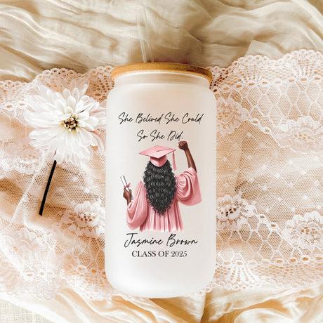 Custom Libbey glass can with personalized name and graduation year featuring a graduate girl illustration in cap and gown to match your style.