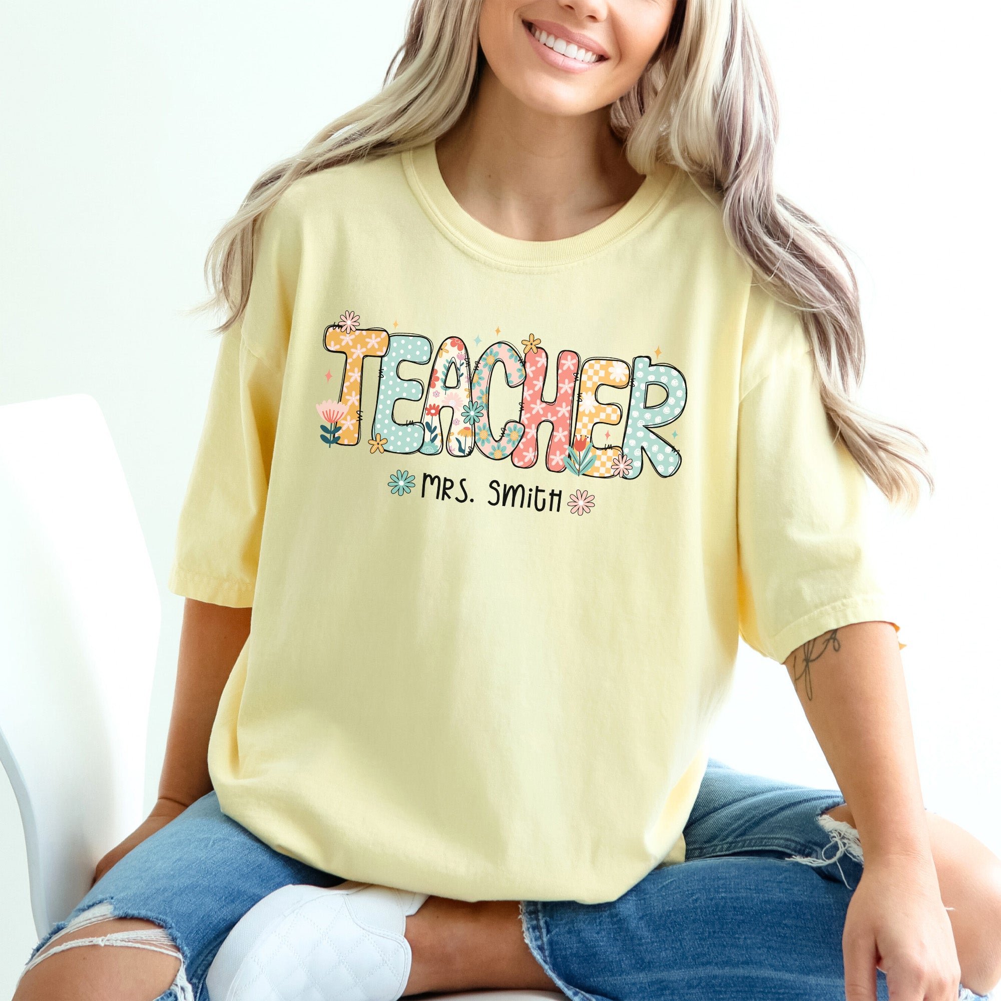 Custom Comfort Colors teacher shirt with personalized name for teacher appreciation