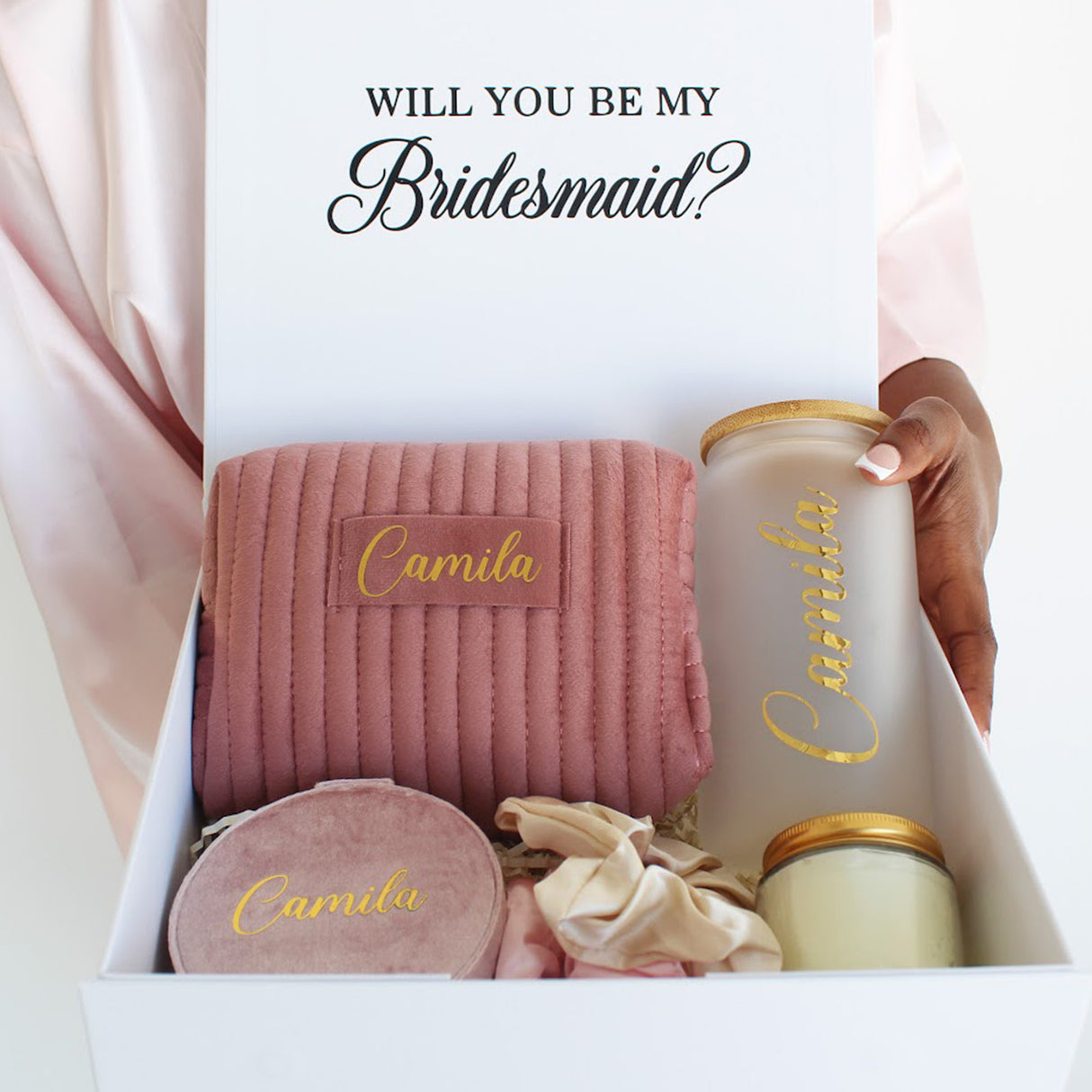 Personalized Bridesmaid Proposal Box with custom bridesmaid gifts including iced coffee glass, custom jewelry box, and custom makeup bag.