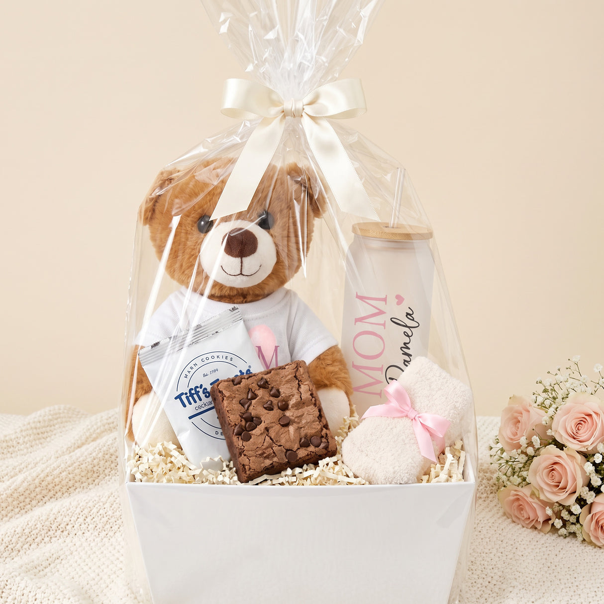 Brownie Bliss Basket Gift for Mom with Teddy Bear & Personalized Tumbler