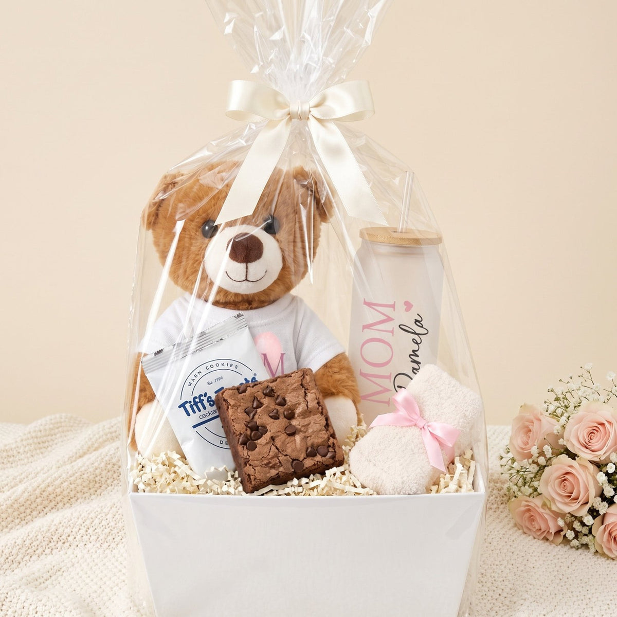 Brownie Bliss Basket Gift for Mom with Teddy Bear & Personalized Tumbler - Gifts Are Blue