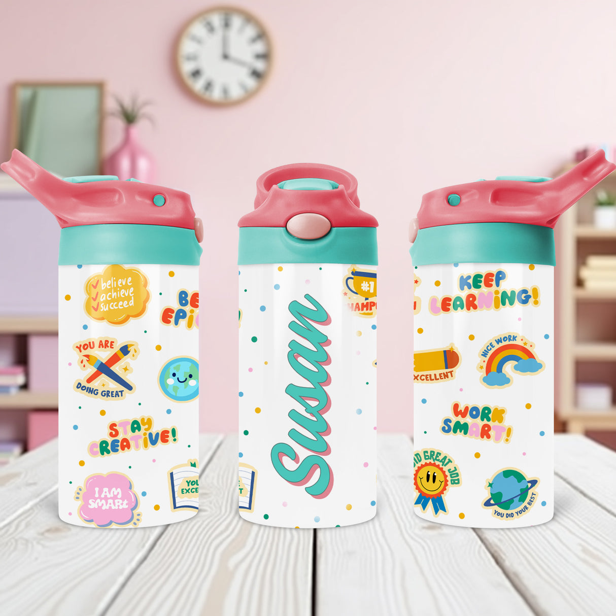 Personalized plastic water bottles for toddlers with encouraging messages and easy-use flip top lids great for back to school.