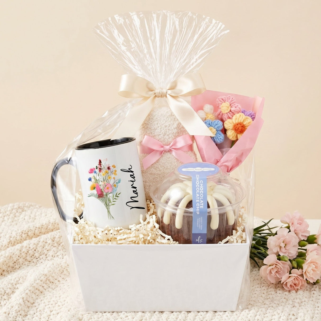 Sweet Cake & Bloom Basket Gift for Her with Bundt Cake, Mug and Fuzzy Socks - Gifts Are Blue