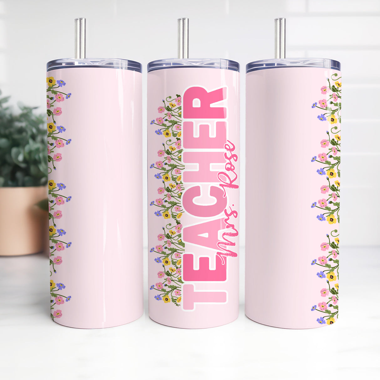 Personalized floral teacher tumbler 20 oz pink insulated stainless steel cup with custom name, teacher appreciation gift for back to school, end of year, or teacher birthday.