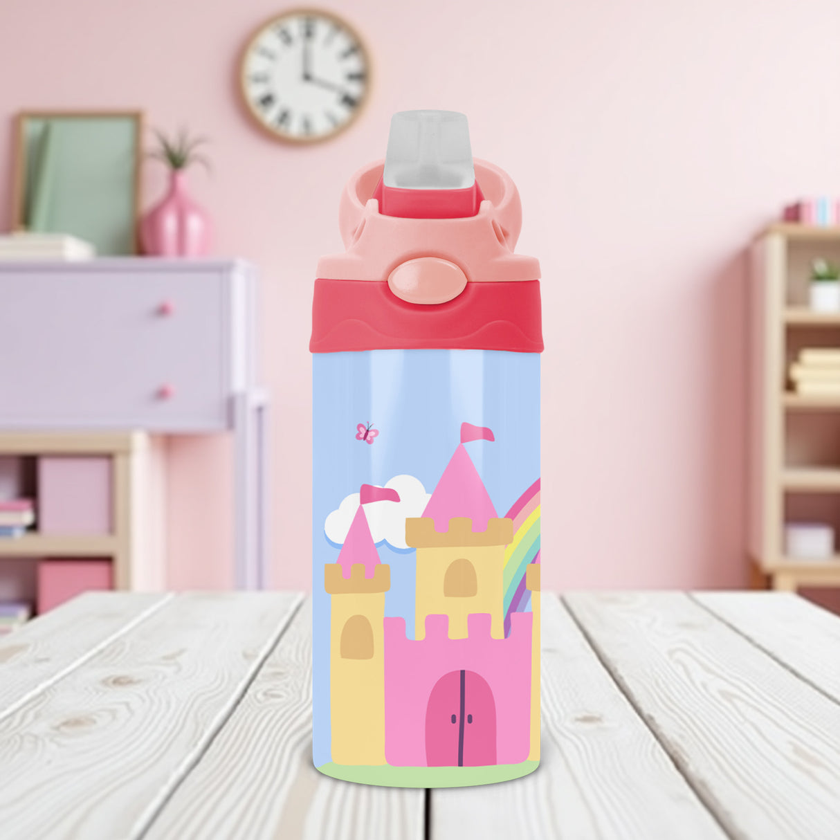 Custom water bottles with names for kids designed with a princess theme, perfect for school supplies or gifts for girls.