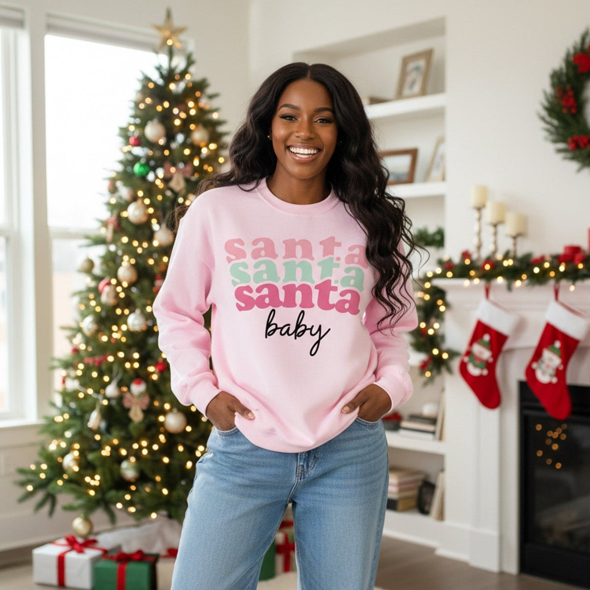 Pink Santa Baby Christmas Sweatshirt for Women and Teen Girls - Gifts Are Blue