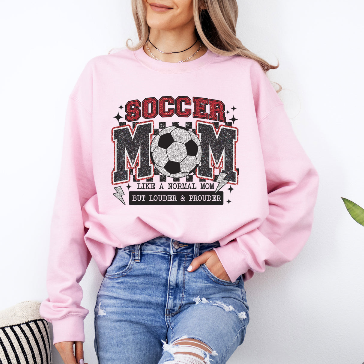 Soccer mom crewneck sweatshirt with bold graphic, great for cheering on kids at games or casual wear. Bling soccer mom sweatshirt.