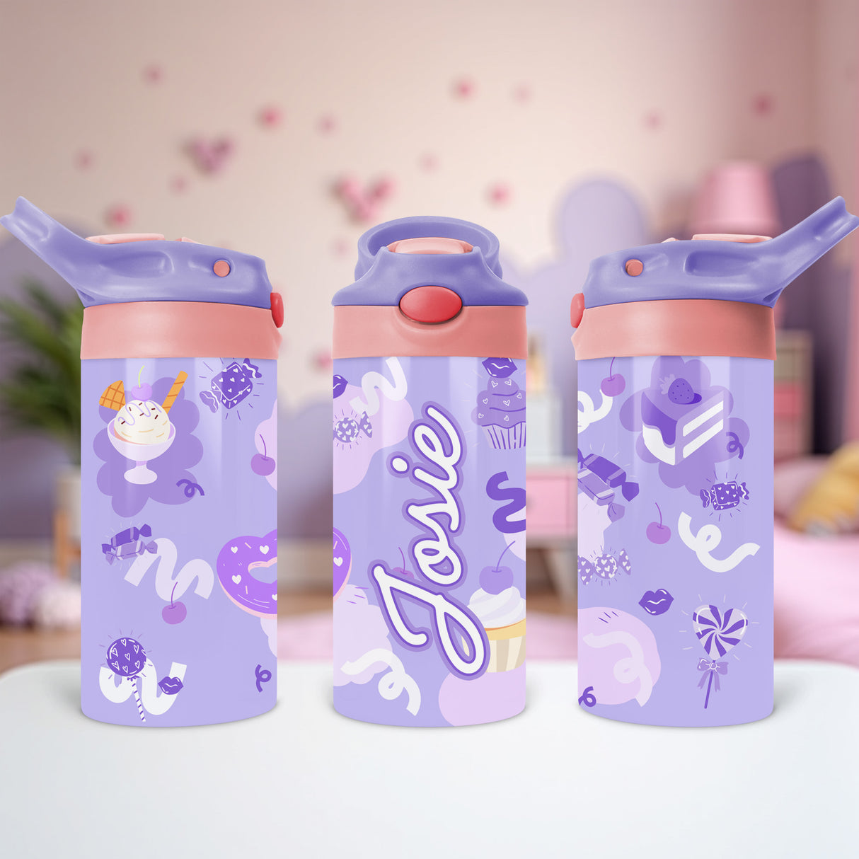 Kids personalized water bottle with fun sweet treat design, great for lunchboxes and preschool.