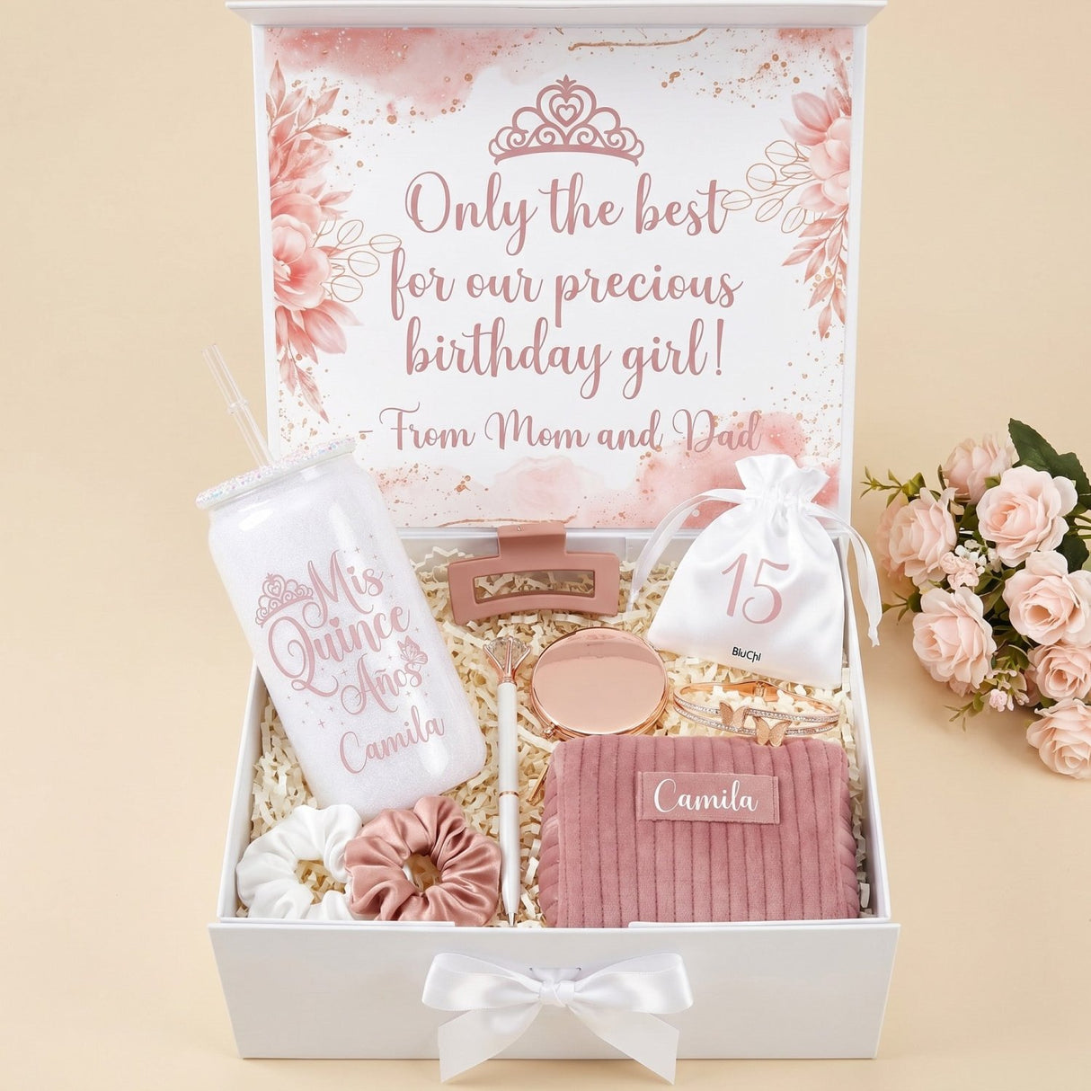 Rose Gold Quinceanera Gift Box w Rhinestone Cup and Bracelet - Gifts Are Blue