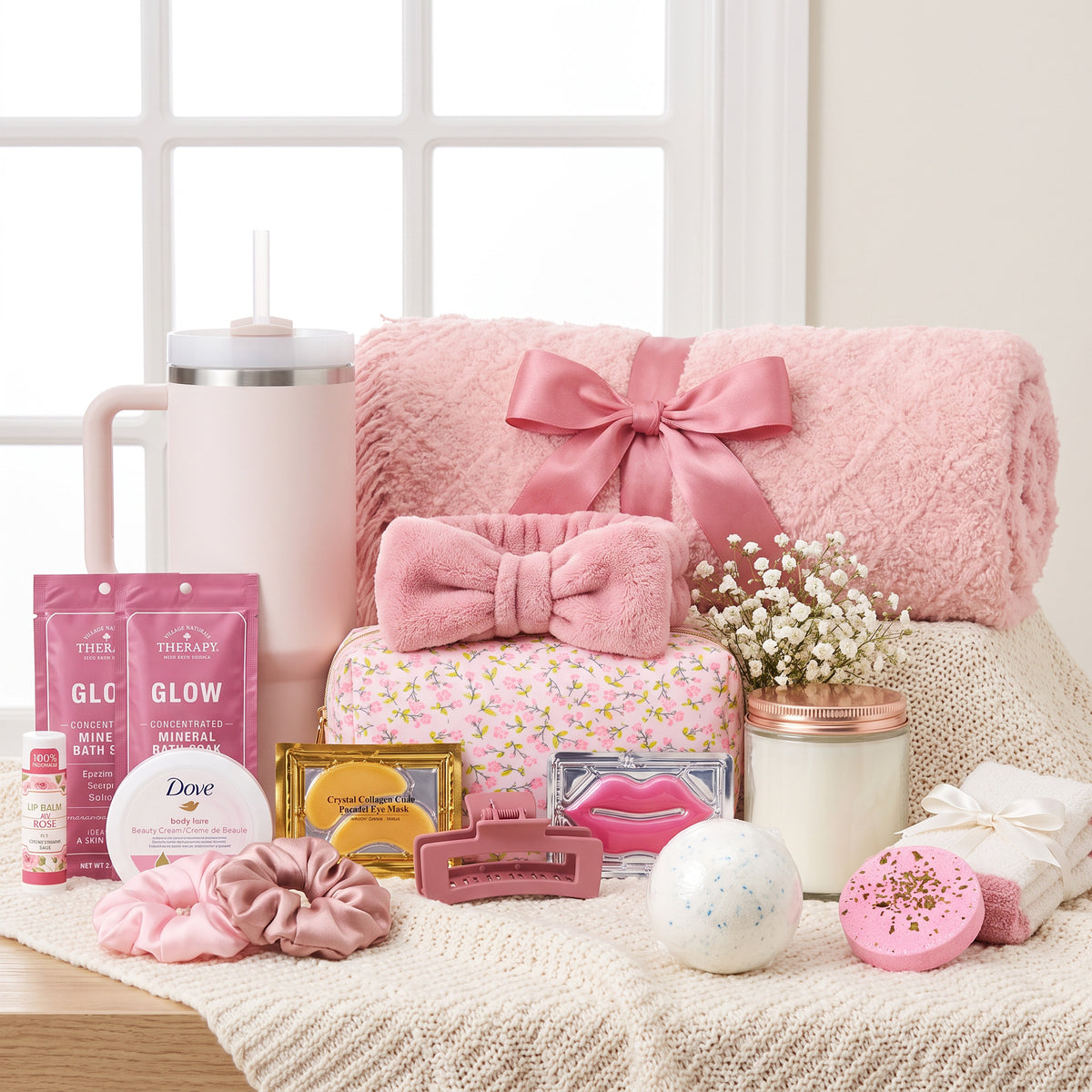 Blush and Glow Pamper Self Care Gift Basket for Her