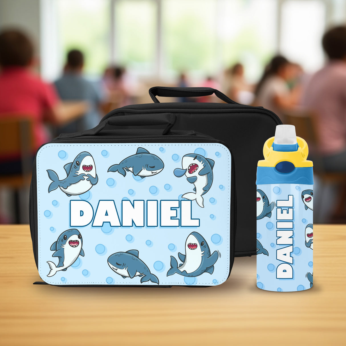 Personalized shark lunch box and water bottle set for kids, designed for back to school gifts, and custom lunch gear.