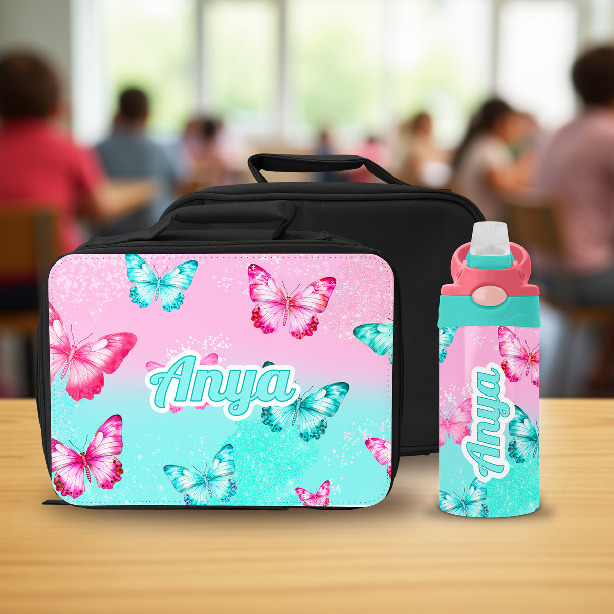 Personalized lunch box with water bottle for schoolgirls, butterfly-themed custom lunch set for kids.