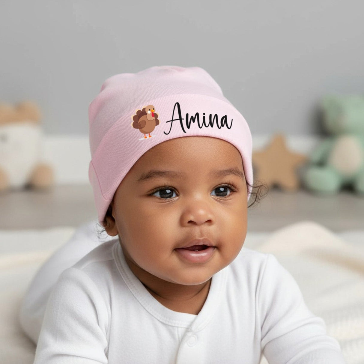 Cartoon Turkey Personalized Baby Beanie with Name for Thanksgiving, Infants 0M-6M - Gifts Are Blue