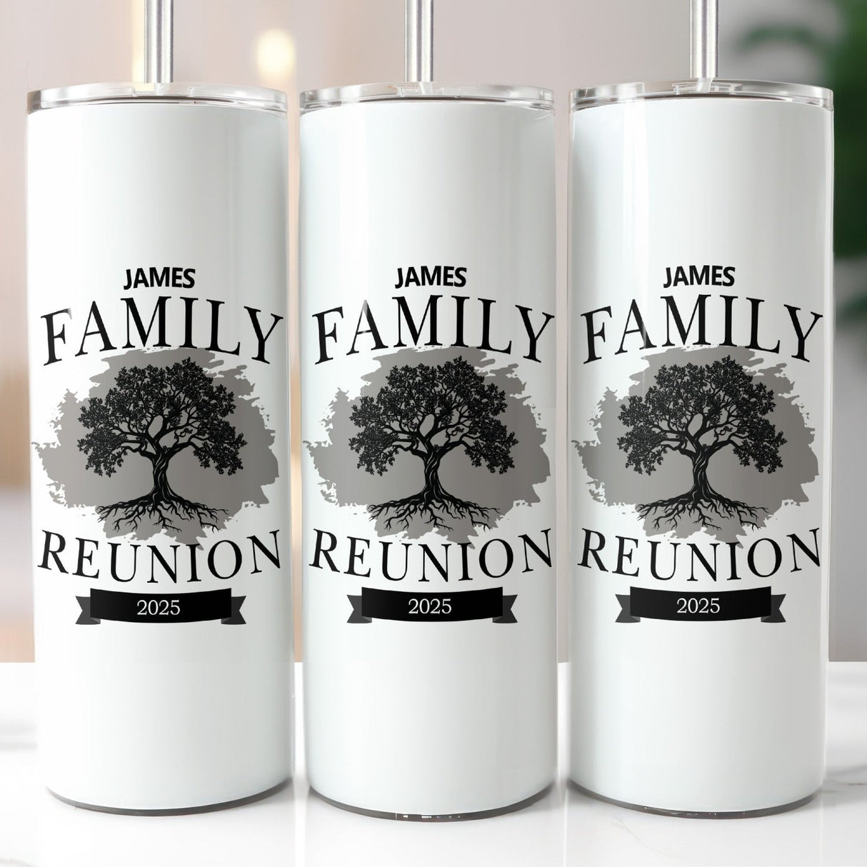 Custom name tumbler featuring a detailed family tree design, perfect for family reunion drinkware, personalized gifts, and memorable event keepsakes.