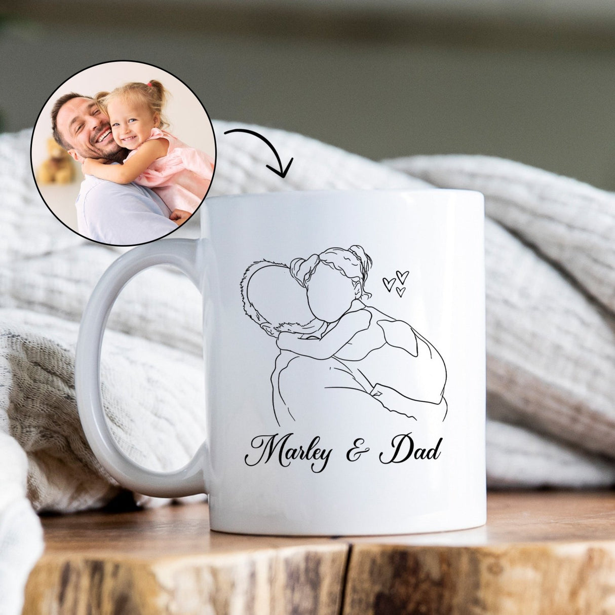 Dads custom mug with minimalist family drawing based on photo, personalized with names for a meaningful touch.