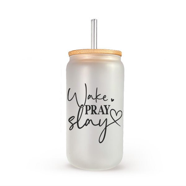 Frosted 16oz Glass Tumbler with bamboo lid and straw. This glassware will not fade or peel. The perfect Christian or Religious gift.