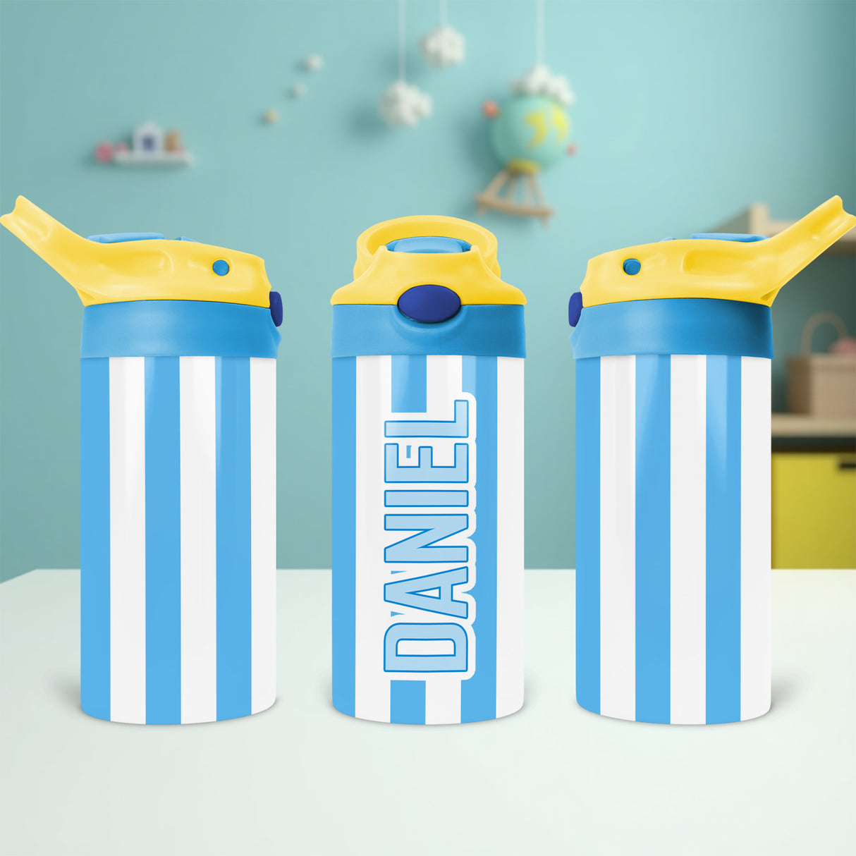 Back to school kids water bottle with name and vibrant stripe pattern for daily hydration..