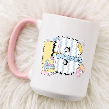 Personalized teacher name mug with colorful bubble letters, custom teacher appreciation gift.