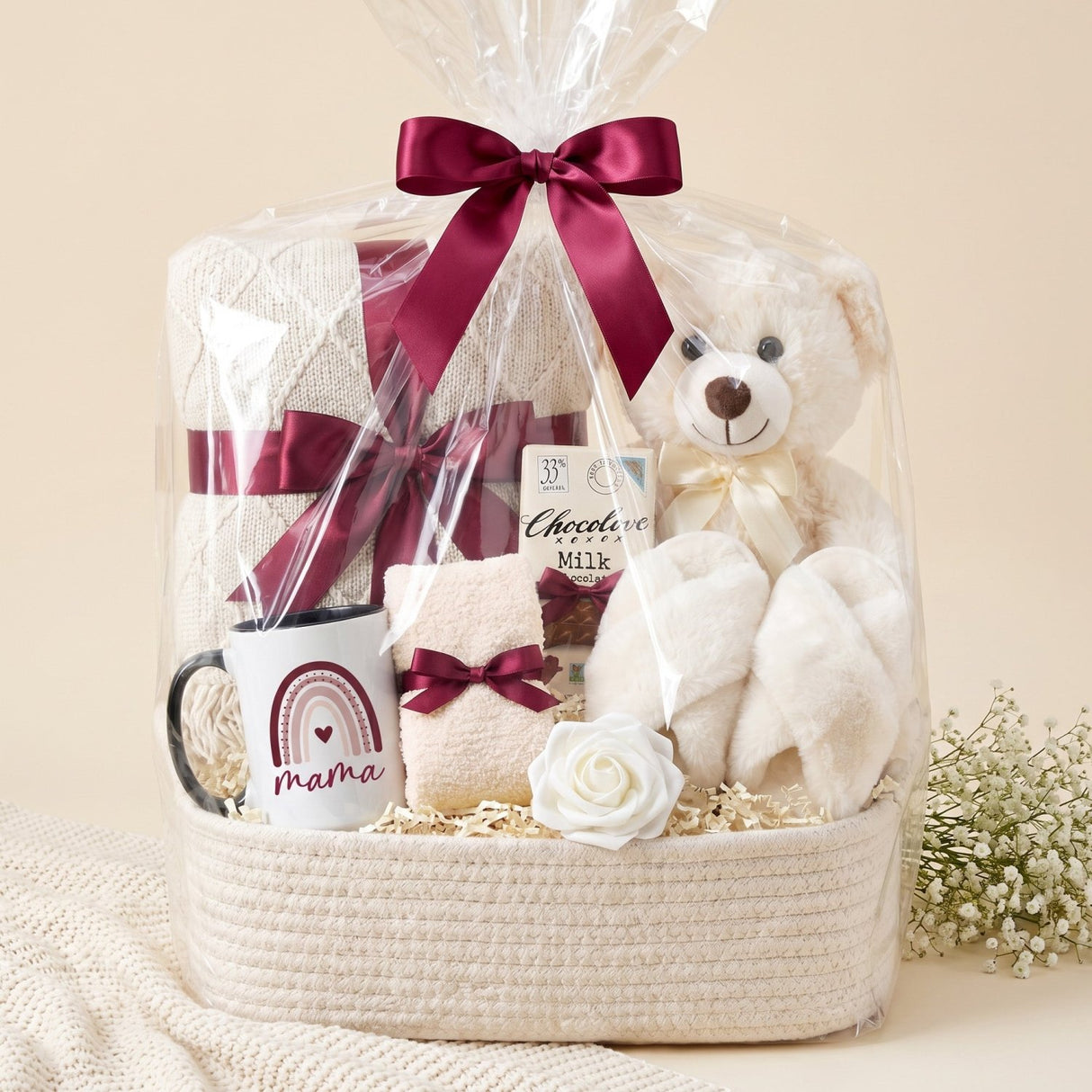 The Snuggle Set Mom Gift Basket with Blanket, Fluffy Slippers, & Teddy Bear - Gifts Are Blue