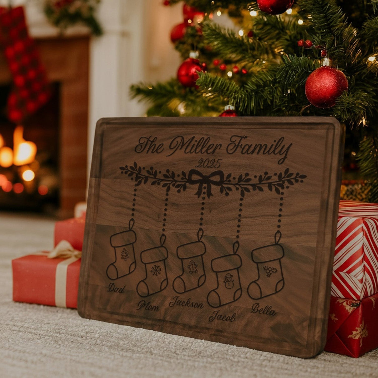 Christmas Stockings Personalized Cutting Board for the Holidays - Gifts Are Blue