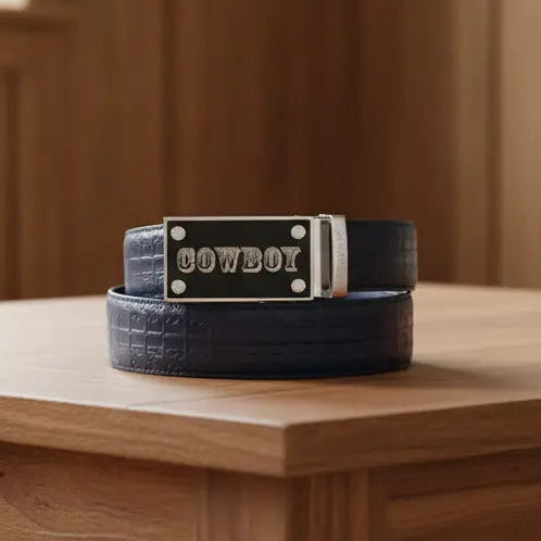 FEDEY Mens Signature Ratchet Leather COWBOY Buckle Statement Belt