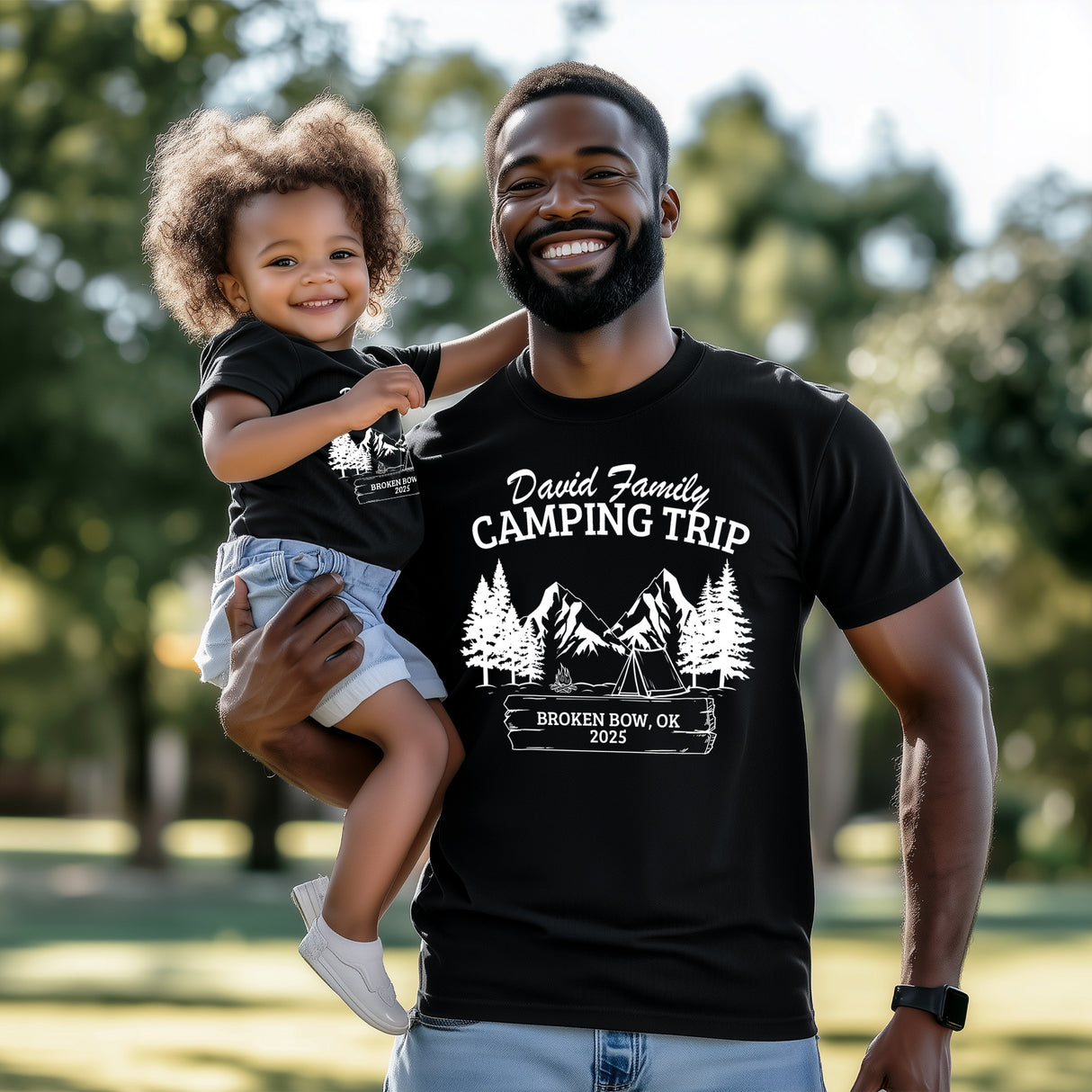 Custom camping family vacation shirt design showing matching tees for outdoor family trips.