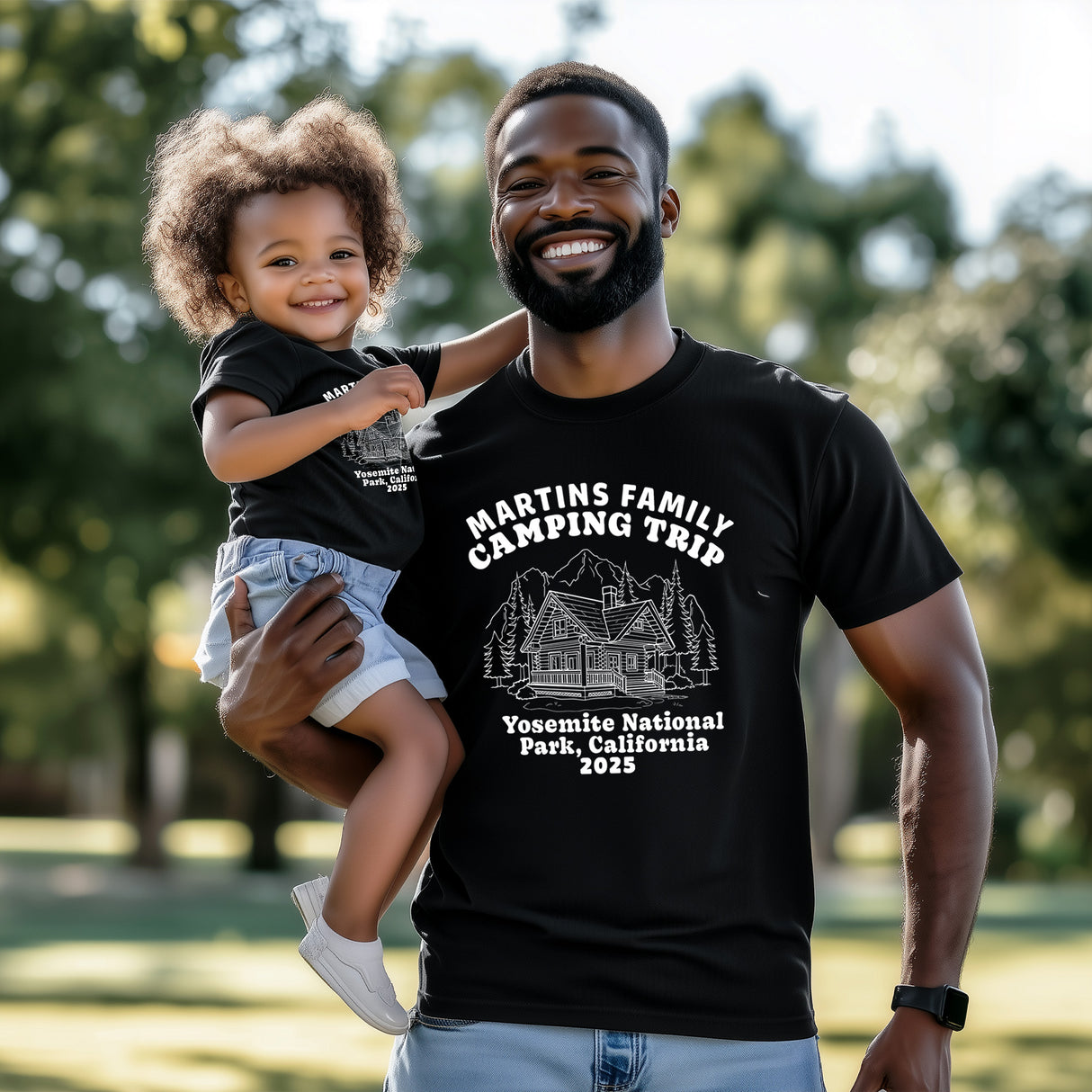 Matching family camping shirts with custom names make ideal personalized tees for cabin stays and mountain vacation photos.