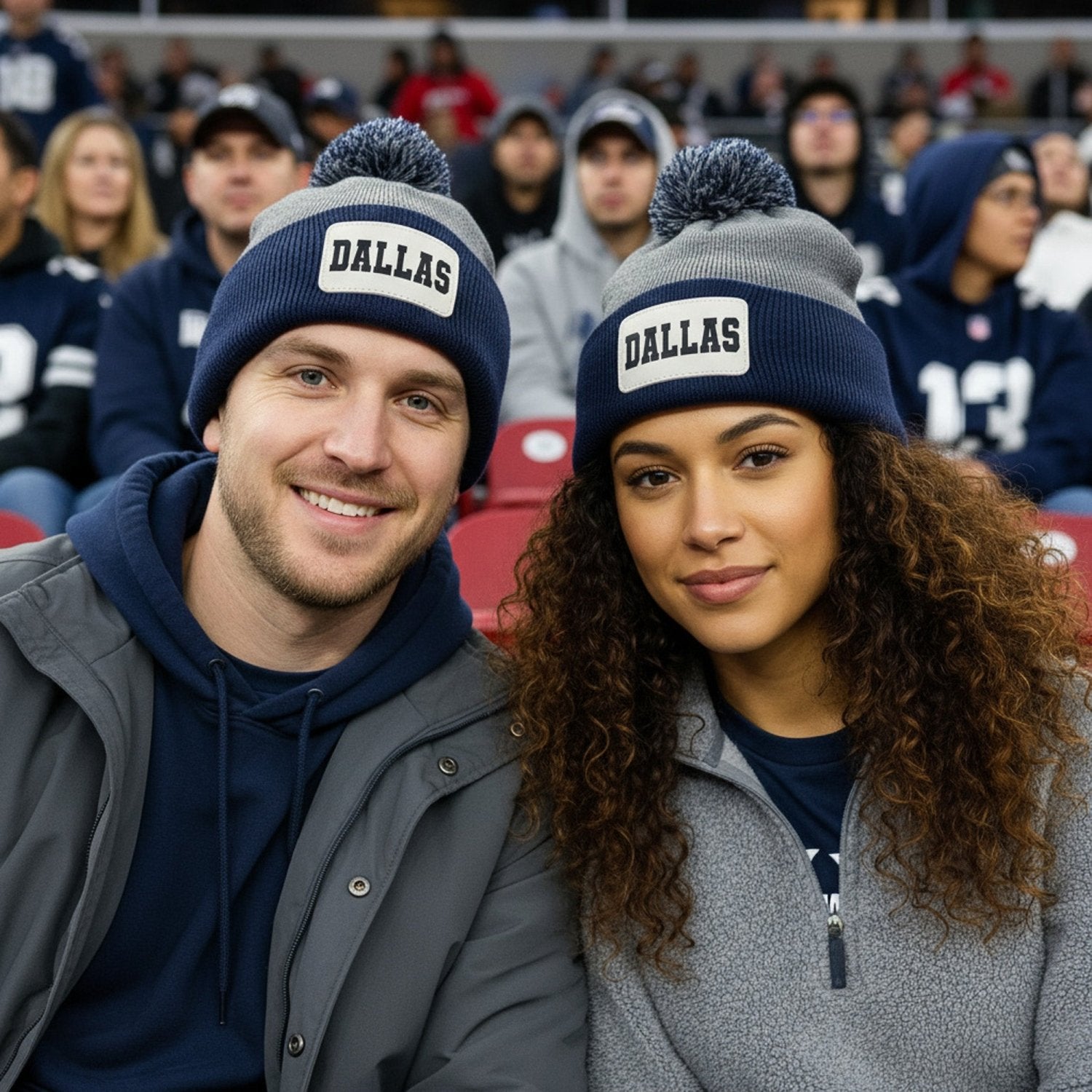 Cuffed Pompom Football and College Beanie w Custom Text, Personalized Gifts for Him and Her - Gifts Are Blue