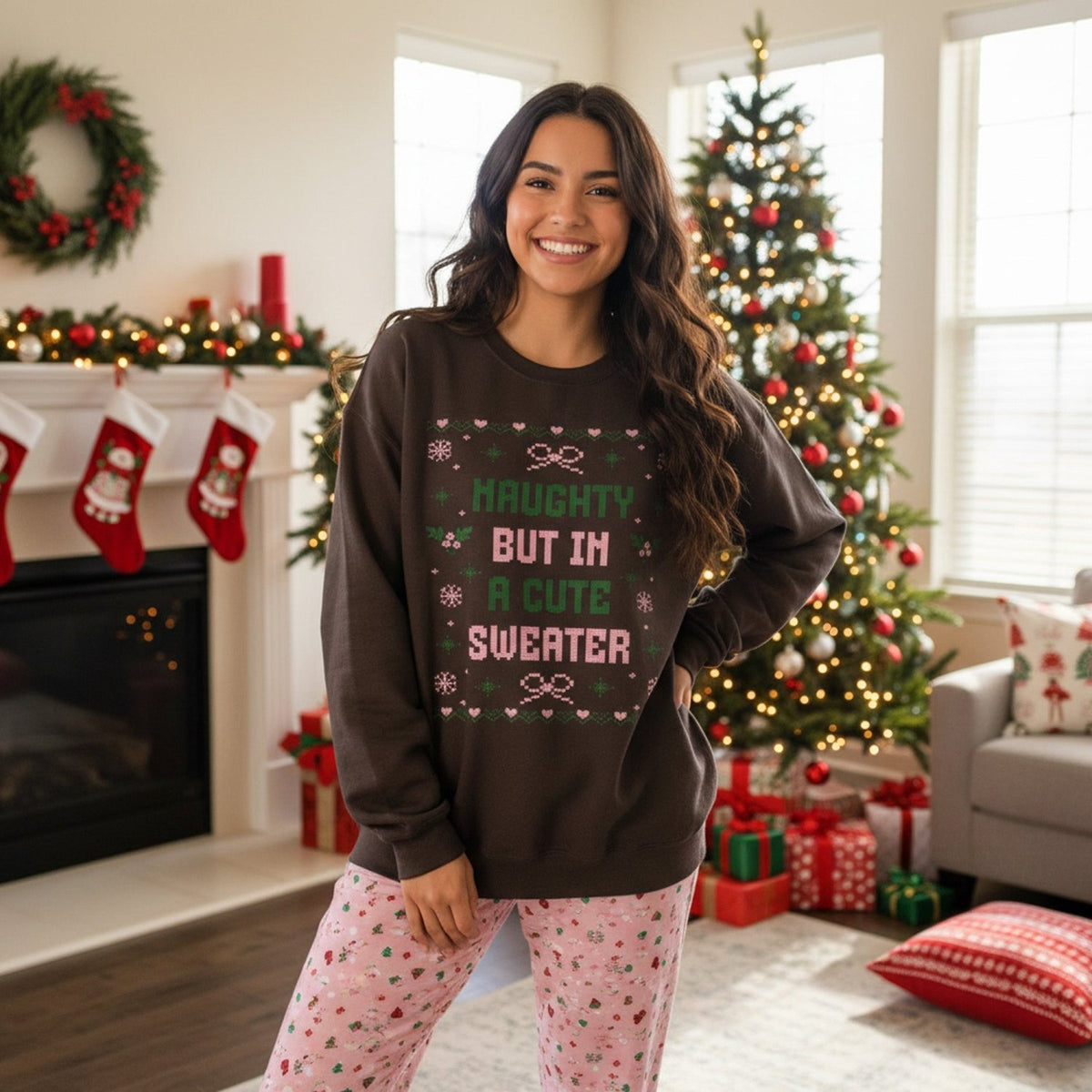 Naughty But in a Cute Sweater Christmas Sweatshirt for Her - Gifts Are Blue
