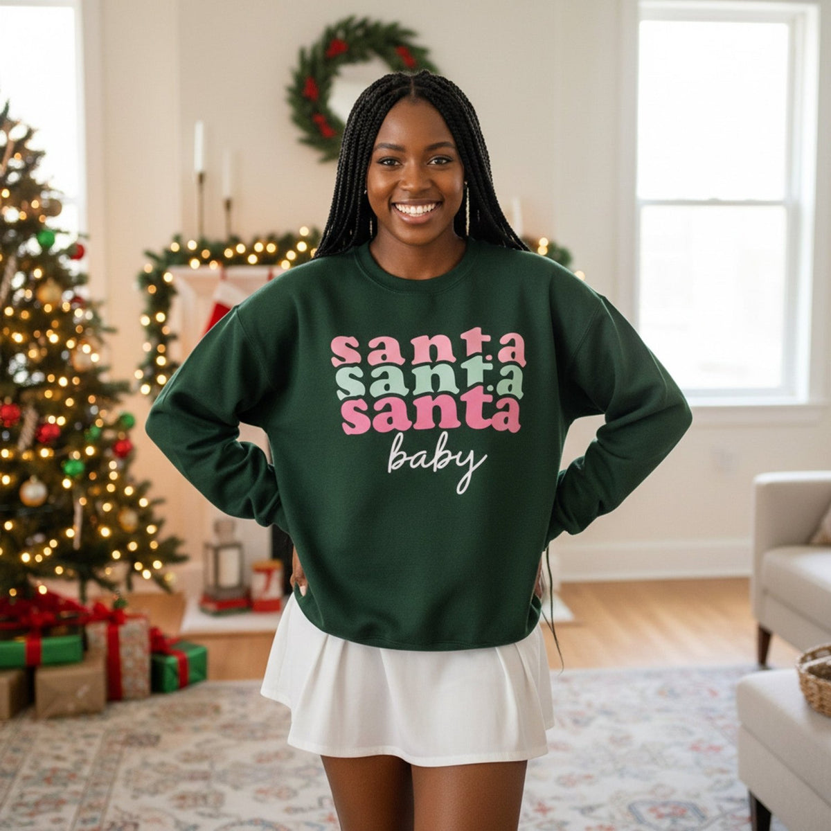 Pink Santa Baby Christmas Sweatshirt for Women and Teen Girls - Gifts Are Blue