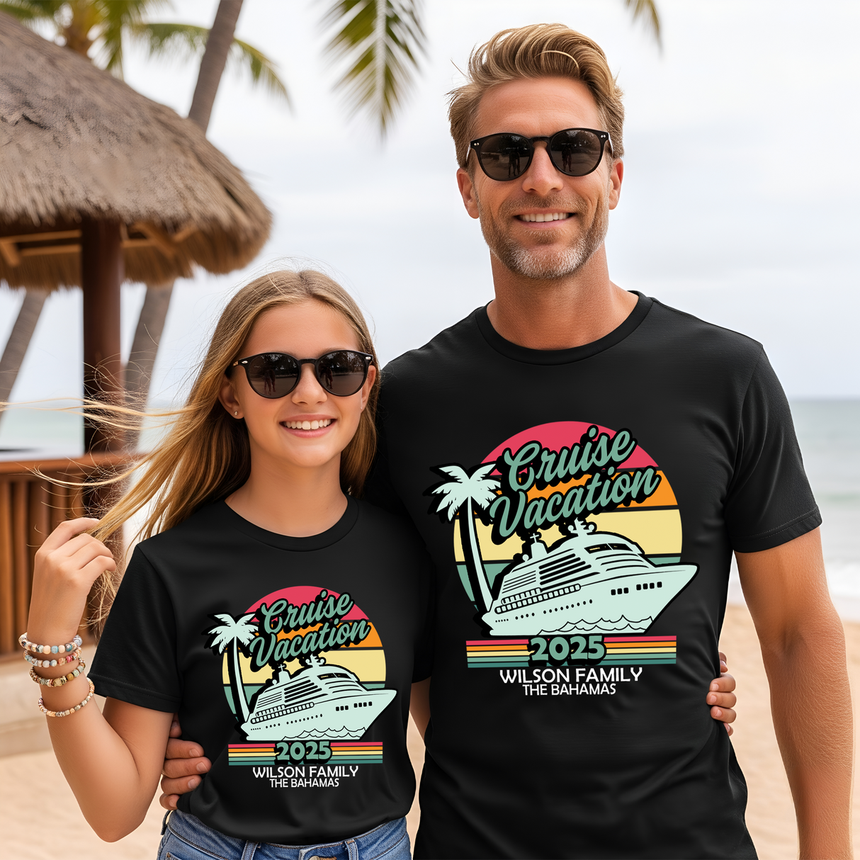Matching dad and daughter shirts for family cruise. Custom shirts for family trips or reunion for family photos.