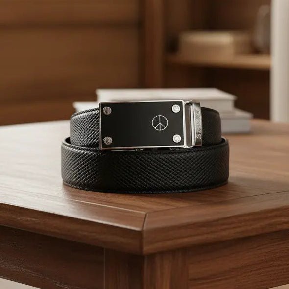 FEDEY Mens Classic Ratchet Leather Belt w PEACE Statement Buckle - Gifts Are Blue