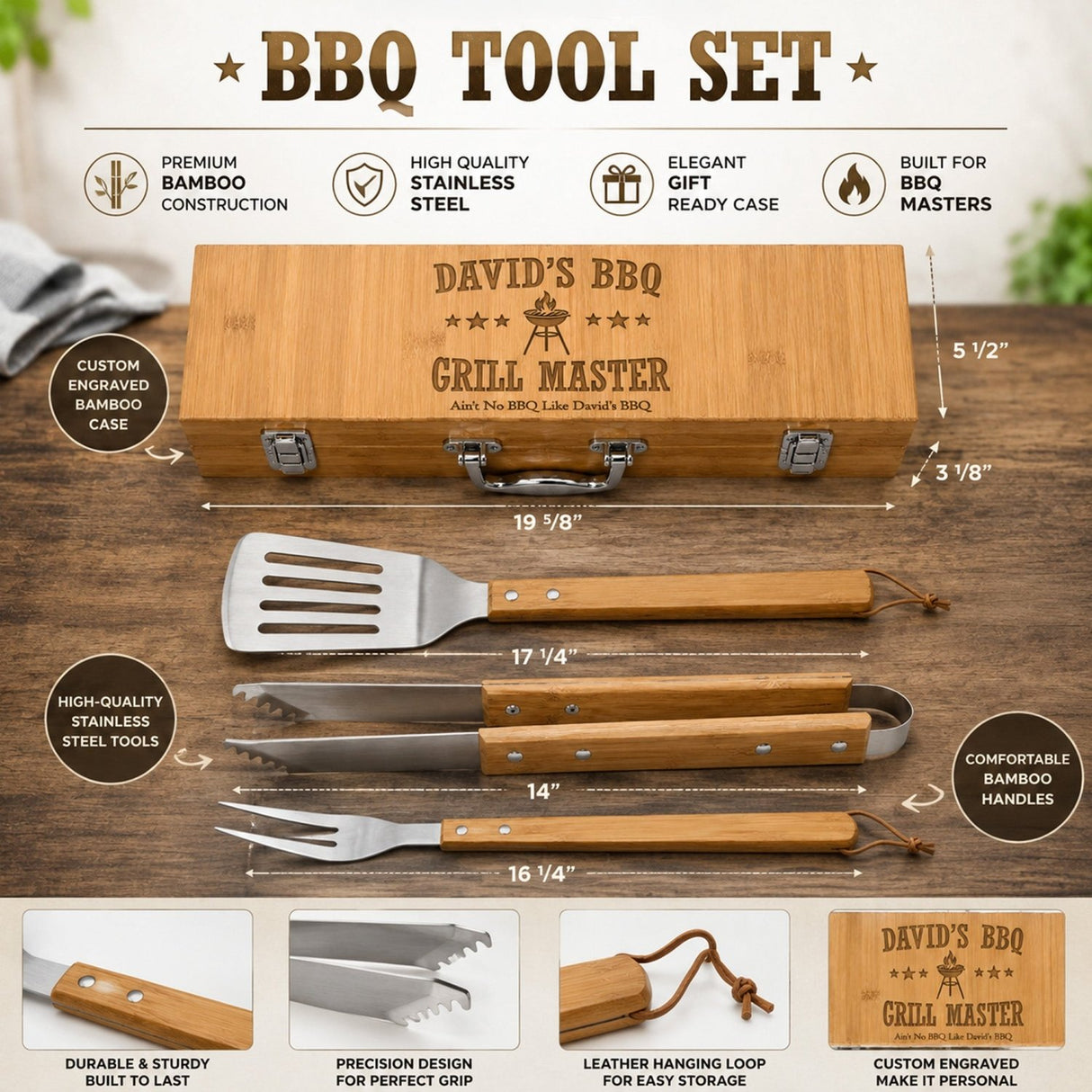 The Grill Master BBQ Tool Set with Engraved Case - 3 Pc Bamboo Kit - Gifts Are Blue
