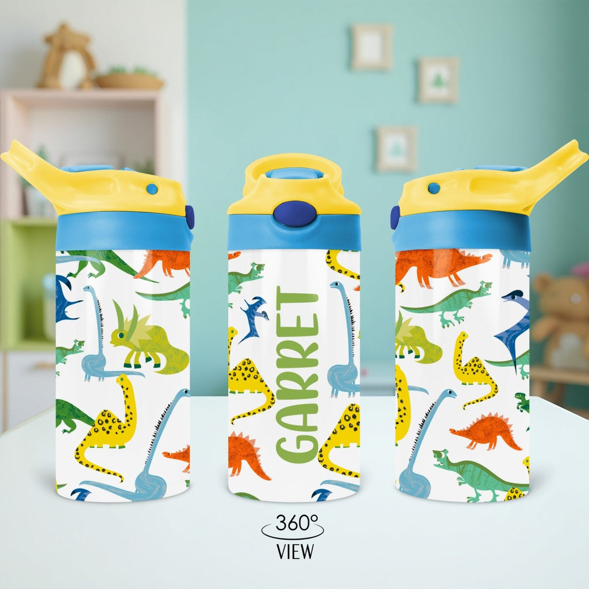 Custom dinosaur cup stainless steel water bottle for kids. Little boy personalized cups for back to school.