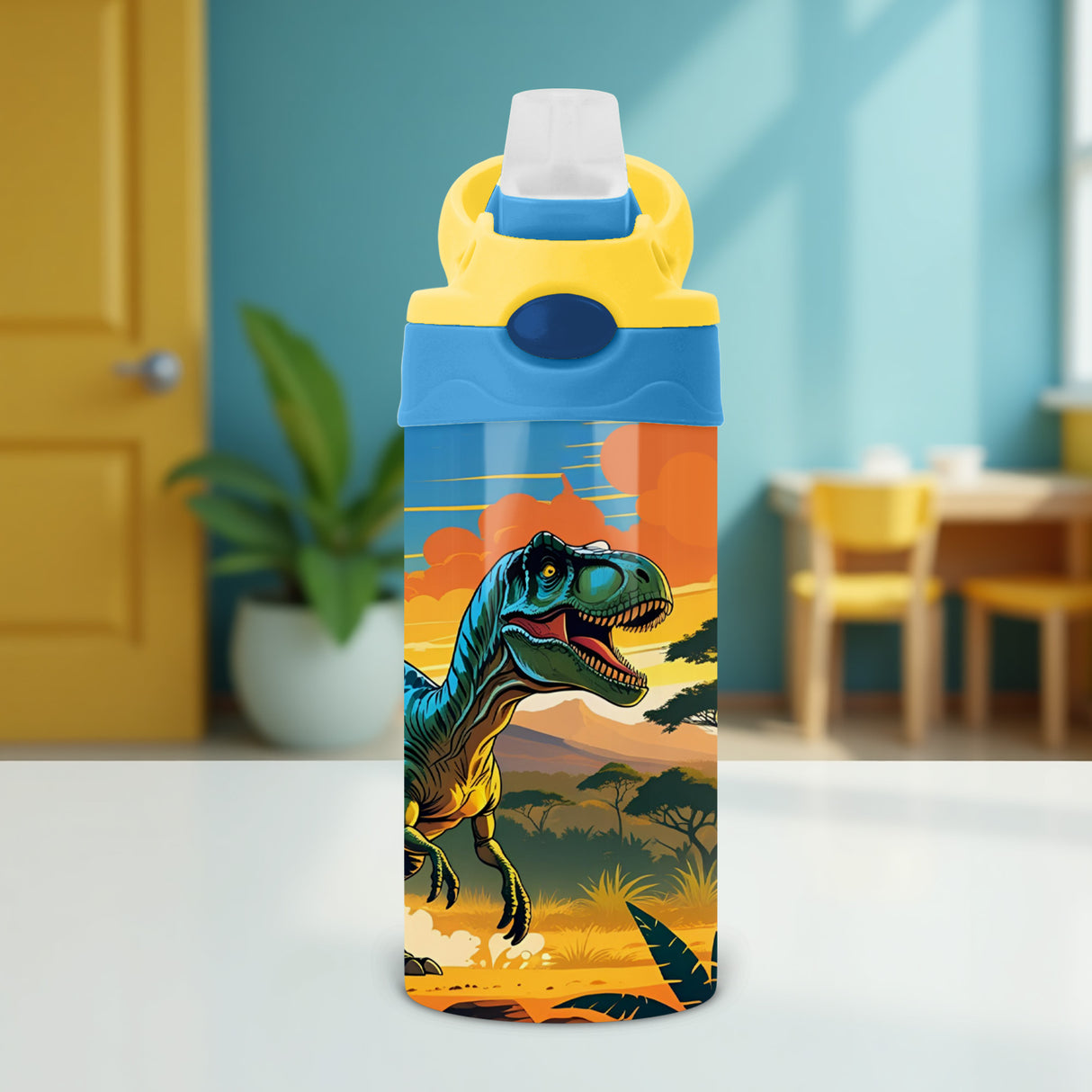 Back to school kids water bottle with fun dinosaur design. Reusable dino water bottle with flip top.