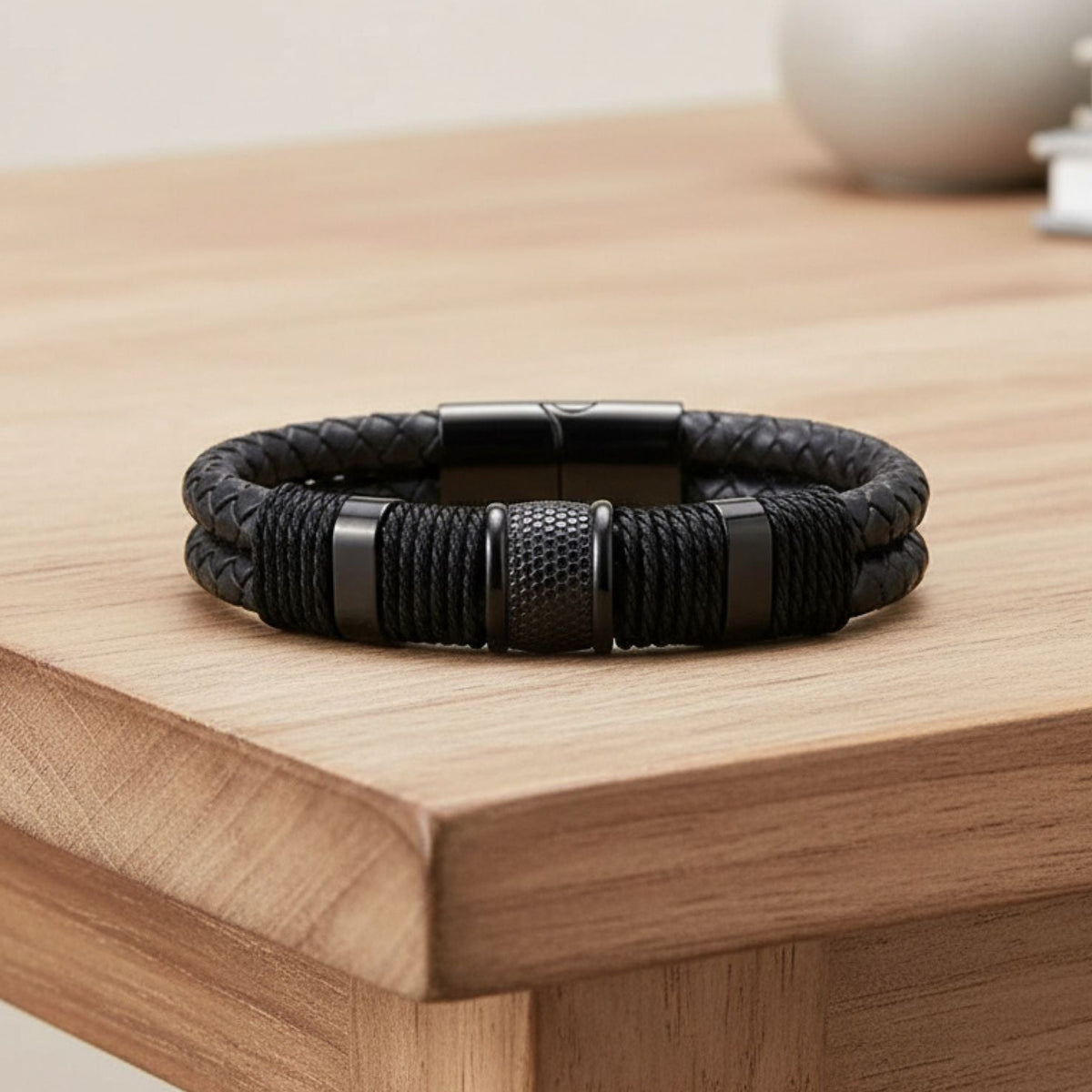 Men's Double Layer Woven Leather Rope Bracelet - Black Stainless Steel Adjustable Bracelet In 3 Lengths