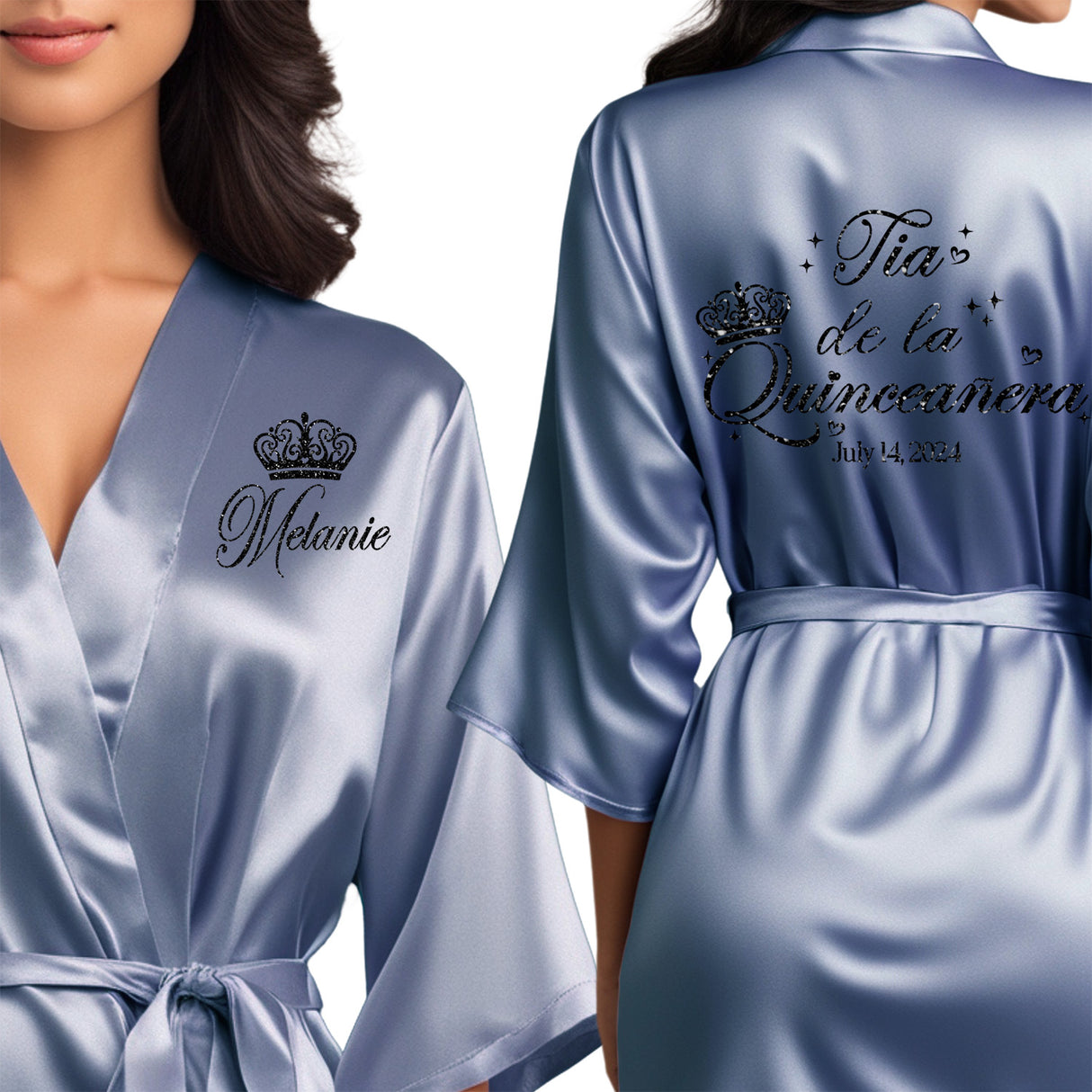 Beautiful quinceanera robes. Personalized satin robes for tia de la quinceanera.